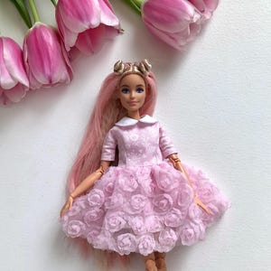 Pink party dress with collar, clothes for 1/6 scale doll, 11.5", 12", 30 cm outfit Poppy Parker Integrity Toys Fashion Doll Clothing