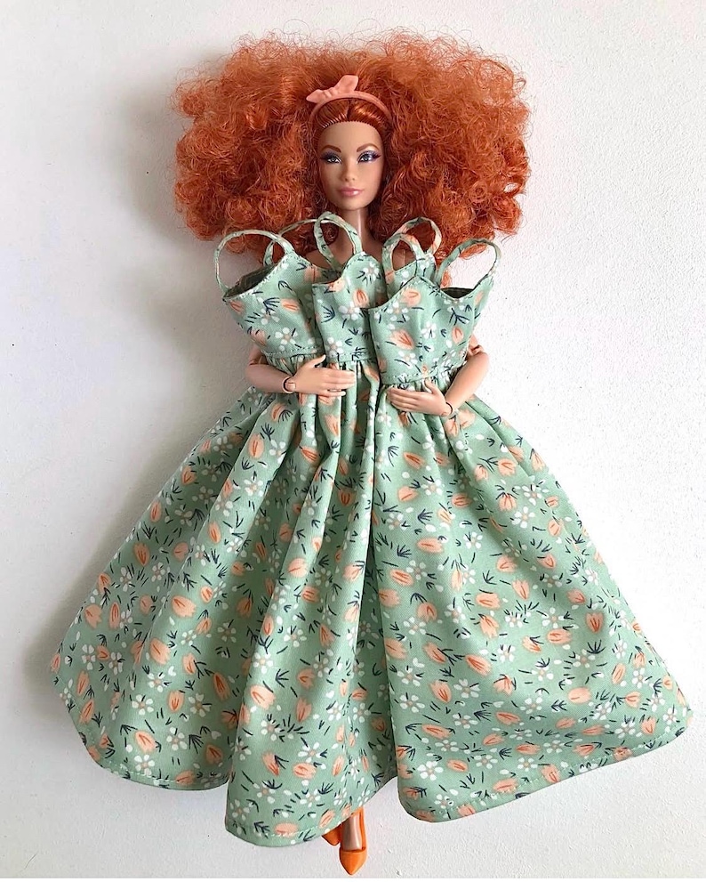 Long summer dress with flowers, clothes for 1/6 scale doll, 11.5", 12" 30 cm, outfit