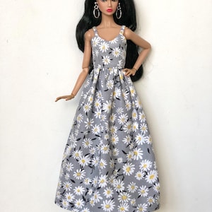 Long summer boho dress with flowers, clothes for 1/6 scale doll, 11.5", 12" 30 cm, outfit for Poppy Parker, Integrity, Fashion Doll Clothing 4 - grey dress