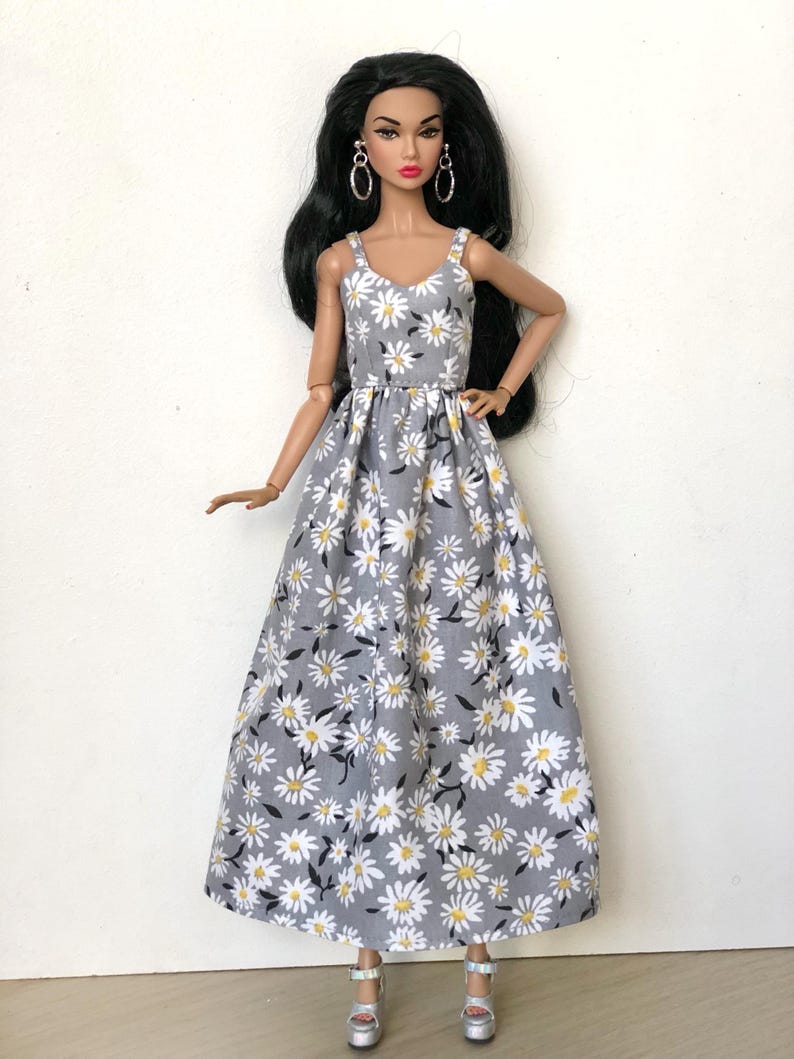 Long summer boho dress with flowers, clothes for 1/6 scale doll, 11.5", 12" 30 cm, outfit for Poppy Parker, Integrity, Fashion Doll Clothing 4 - grey dress