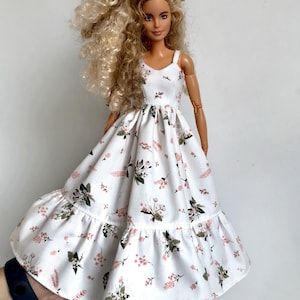 White long boho dress with flowers. clothes for 1/6 scale doll, 11.5", 12" 30 cm, outfit