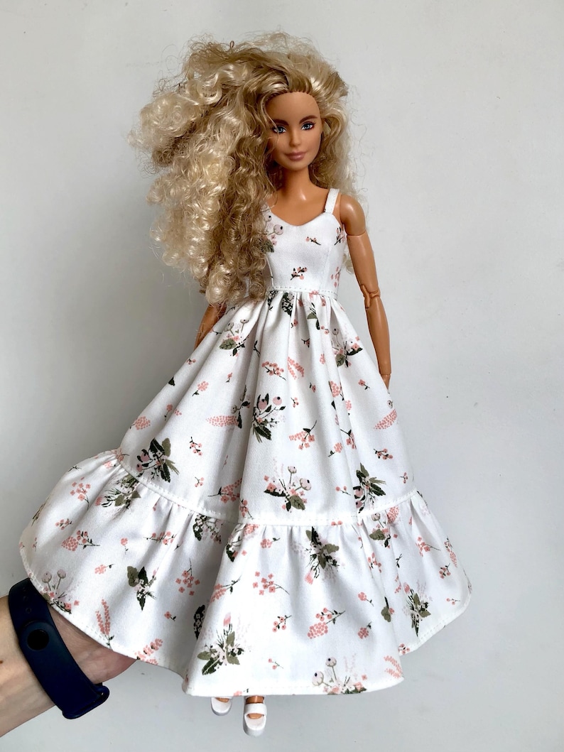 White long boho dress with flowers. clothes for 1/6 scale doll, 11.5", 12" 30 cm, outfit