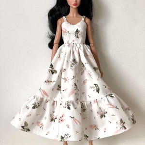 Long summer boho dress with flowers, clothes for 1/6 scale doll, 11.5", 12" 30 cm, outfit for Poppy Parker, Integrity, Fashion Doll Clothing image 2