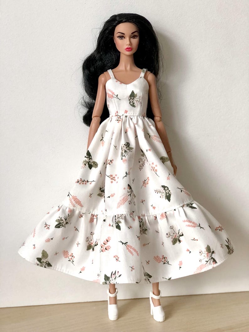 Long summer boho dress with flowers, clothes for 1/6 scale doll, 11.5", 12" 30 cm, outfit for Poppy Parker, Integrity, Fashion Doll Clothing image 2
