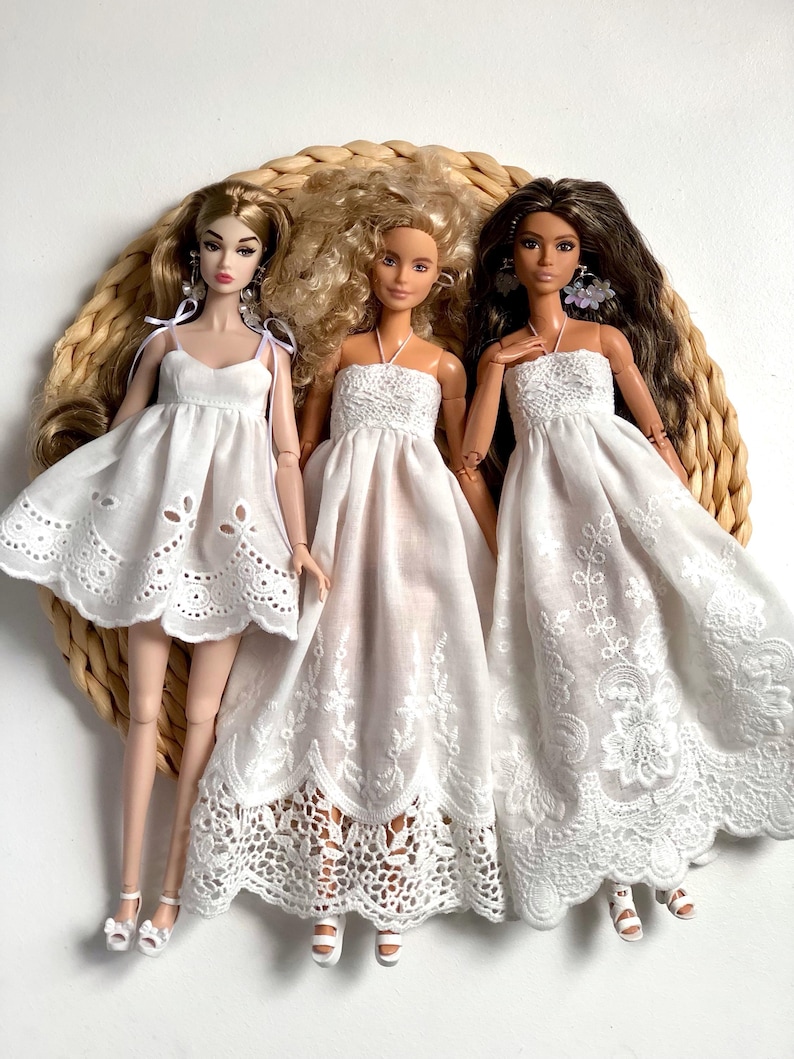 Vestido bohemio de encaje blanco para muñecas de moda de 29 cm, conjunto hecho a mano. imagen 3