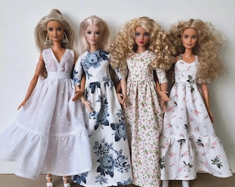 White long boho dress. clothes for 1/6 scale doll, 11.5", 12" 30 cm, outfit for Poppy Parker, Integrity, fashionistas, Fashion Doll Clothing
