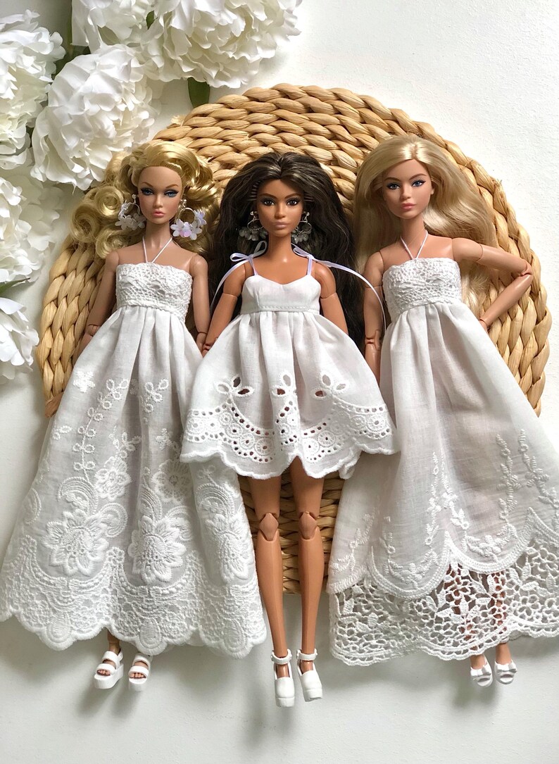 Vestido bohemio de encaje blanco para muñecas de moda de 29 cm, conjunto hecho a mano. imagen 12