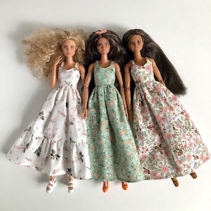 Long summer boho dresses with flowers, clothes for 1/6 scale doll, 11.5", 12" 30 cm, outfit