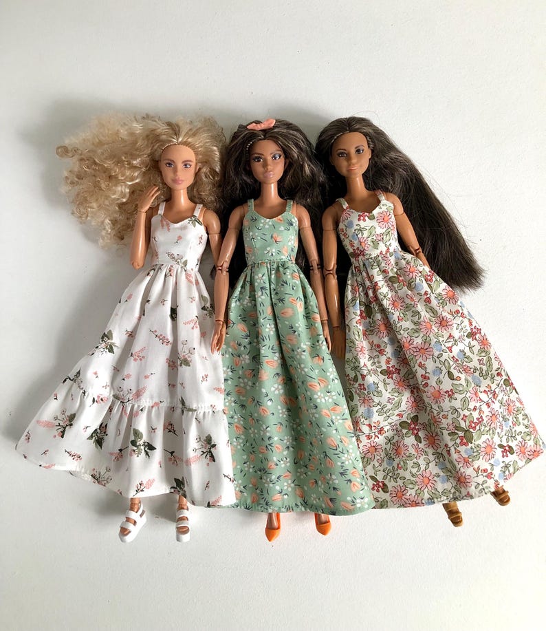 Long summer boho dresses with flowers, clothes for 1/6 scale doll, 11.5", 12" 30 cm, outfit