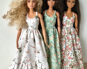Long summer boho dress with flowers, clothes for 1/6 scale doll, 11.5", 12" 30 cm, outfit for Poppy Parker, Integrity, Fashion Doll Clothing