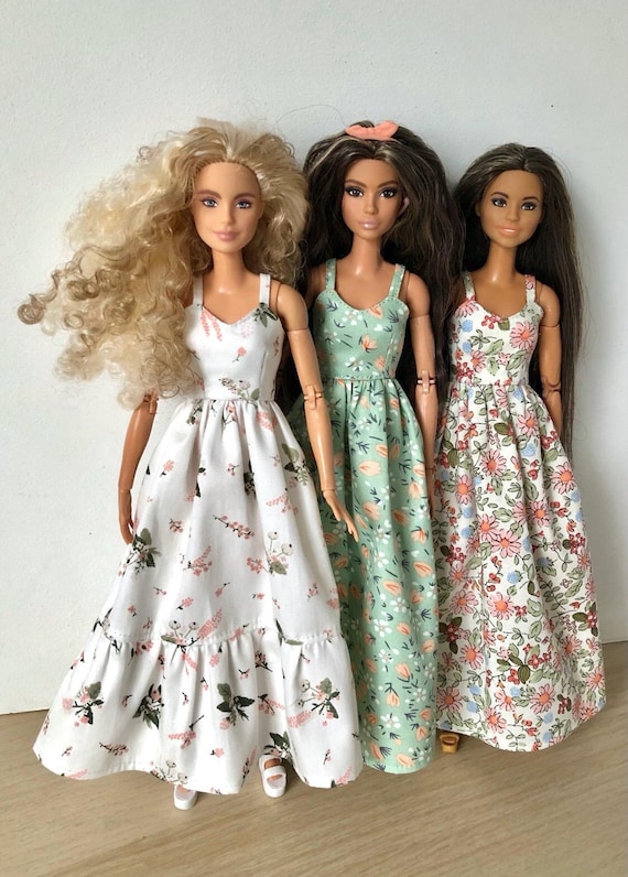 Long summer boho dress with flowers, clothes for 1/6 scale doll, 11.5", 12" 30 cm, outfit for Poppy Parker, Integrity, Fashion Doll Clothing