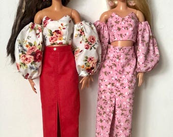 Ensemble floral rose pour poupée : haut et jupe faits main pour poupées de 31,5 à 12 pouces