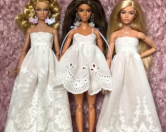 Abito boho in pizzo bianco per bambole alla moda da 11,5 pollici, vestito fatto a mano