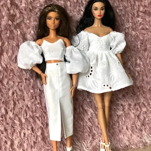 White dress for curvy or a standard doll, top and skirt, clothes for 1/6 scale doll, 11.5", 12", 30 cm, outfit for IT, FR, MTM doll