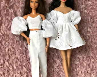 White dress for curvy or a standard doll, top and skirt, clothes for 1/6 scale doll, 11.5", 12", 30 cm, outfit for IT, FR, MTM doll