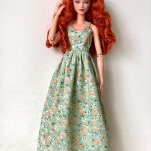 Long summer boho dress with flowers, clothes for 1/6 scale doll, 11.5", 12" 30 cm, outfit for Poppy Parker, Integrity, Fashion Doll Clothing 2 - green