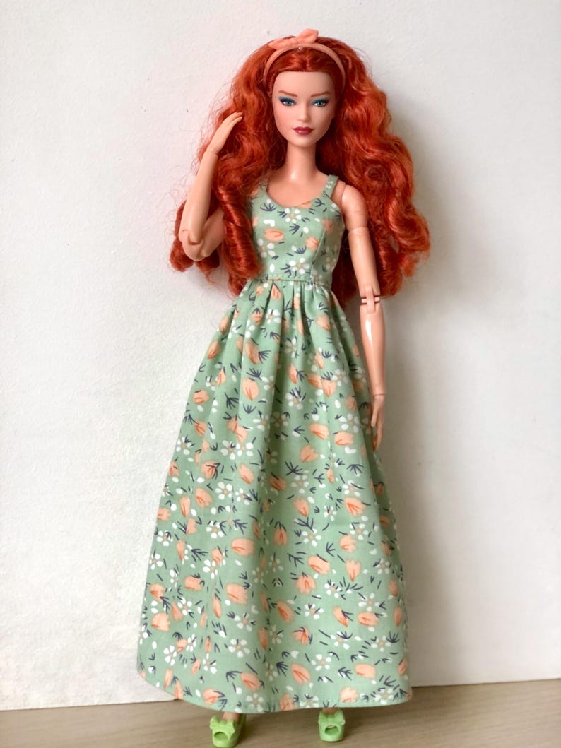 Long summer boho dress with flowers, clothes for 1/6 scale doll, 11.5", 12" 30 cm, outfit for Poppy Parker, Integrity, Fashion Doll Clothing 2 - green