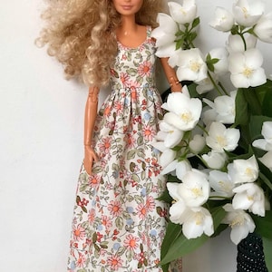 Long summer boho dress with flowers, clothes for 1/6 scale doll, 11.5", 12" 30 cm, outfit for Poppy Parker, Integrity, Fashion Doll Clothing 3-white with daisies