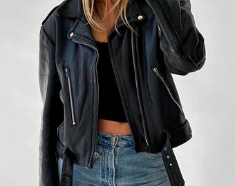 women 90s classic black leather bomber jacket, old school oversize lambskin leather coat, gift for women, gift for her,