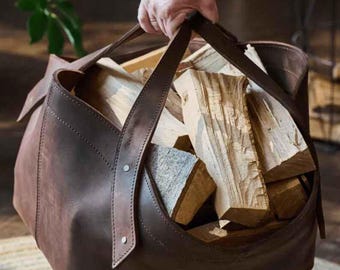 Personalized Leather Log Carrier | Brown Crazy Horse Tote Bag
