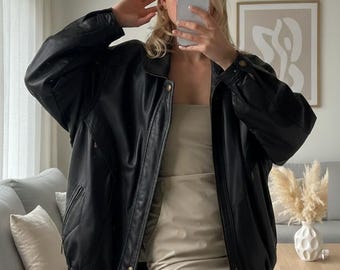 Oversized Black Leather Bomber Jacket: Women's Full Grain Sheep Leather