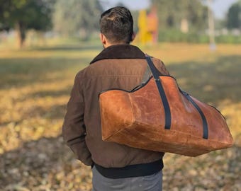 Personalized Leather Log Carrier | Brown Crazy Horse Tote Bag