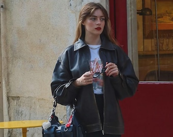 Vintage Oversized Black Leather Jacket - Retro Biker Style