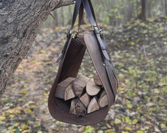 Personalized Leather Log Carrier | Brown Crazy Horse Tote Bag