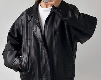 women 90s classic black leather bomber jacket, old school oversize lambskin leather coat, gift for women, gift for her,