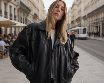 Oversized Black Leather Bomber Jacket: Women's Full Grain Sheep Leather