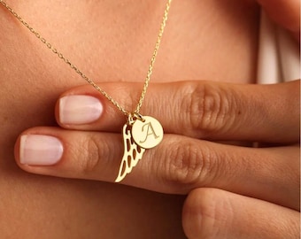 Personalized Angel Wing Necklace – Gold Plated Steel , Memorial Jewelry, Custom Initial Disc,  | | |