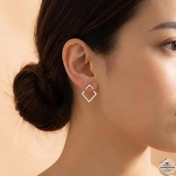Gold Geometric Ear Jackets – Stainless Steel Front Back Earrings, Minimalist Square Triangle Studs, Waterproof |