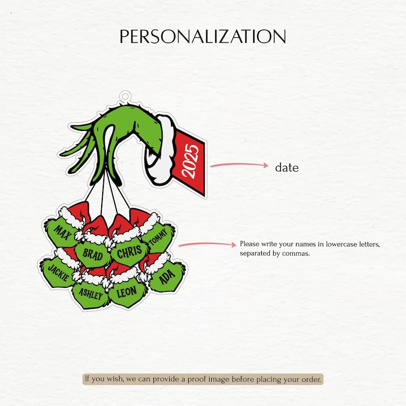 May include: A personalized Christmas ornament featuring a green hand holding red and white Santa hats, each with a name. The year 2025 is displayed on a red tag. The text reads "PERSONALIZATION".
