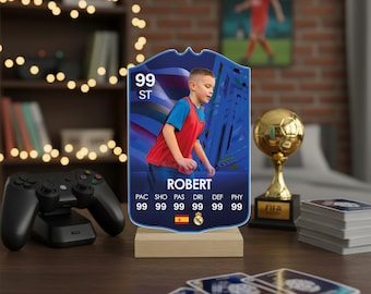 Custom Football Game Style Card with Wooden Stand – Personalized Soccer Gift, UV Printed Acrylic Player Card, Gamer Birthday Decor
