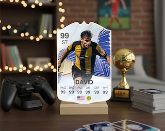 Custom Football Player Card | Personalized Soccer Acrylic Plaque with Wooden Stand | Gift for Boys, Gamers & Football Fans