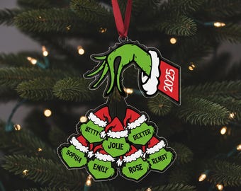 Personalized Family Christmas Ornament | Custom Grinch Hand Name Ornament | UV Printed Acrylic Tree Decoration | Holiday Gift 2025