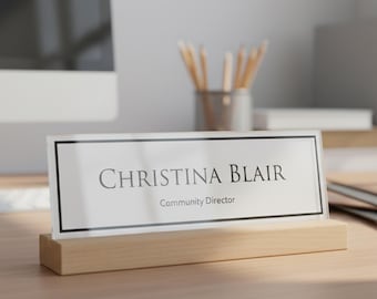 Minimalist Desk Name Plate – Personalized Office Name Sign with Wooden Stand – Custom Job Title Plaque for Professional or Teacher Gift