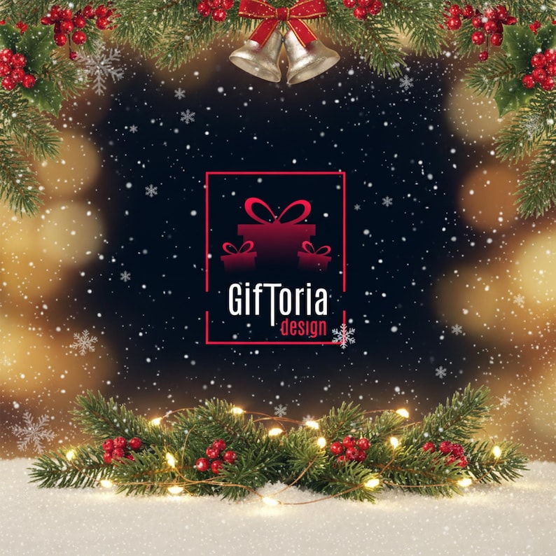 May include: A festive Christmas-themed design with a dark background and falling snowflakes. The image features evergreen branches with red berries, string lights, and a logo that reads "Giftoria design". Two silver bells with red bows are at the top.