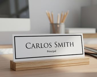 Personalized Office Name Sign | Modern Acrylic Desk Plate with Wood Base | Elegant Gift for Professionals | Stylish Office Decor Gift