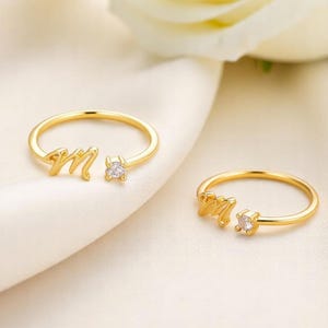 Anillo personalizado con inicial pequeña – Anillo de circonita abierta ajustable de la A a la Z para mujer – Anillo de boda de acero inoxidable