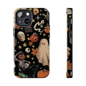 Vintage Halloween Ghost Pumpkin Skeleton Phone Case, Spooky Collage iPhone 15 14 13 12 11 Pro Max XR 8 Plus X, Samsung Galaxy