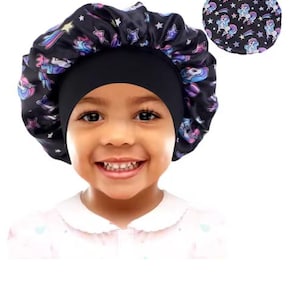 Schlafmütze aus Satin mit Kapuze für lockiges Haar, verstellbare, seidige Satin-Kappe für Kleinkinder, Nachtschlafmütze, Beanie-Mützen, Cartoon-Baby-Kinder-Aufdruck, Blau