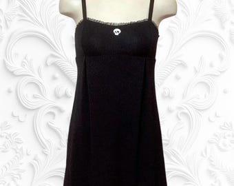Handmade black bamboo - nightgown - dress - with black elastic, skull button & convertible straps - Maila Chemise in Noir