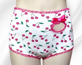 Cherry print high waisted panties with fuschia ruffle elastic, peek-a-boo cutout and fuschia satin bow - Sweetie in Cherry Delight