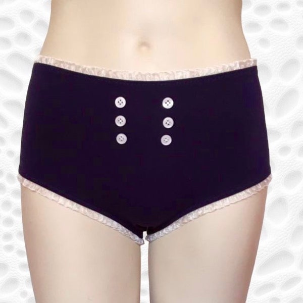 SALE - navy panties high-waisted with white ruffle elastic and buttons - Greta in navy