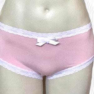 pink hipster bamboo panties with white lace elastic & white satin bow - Drew in Petal Pink