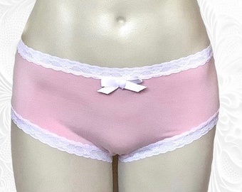 pink hipster bamboo panties with white lace elastic & white satin bow - Drew in Petal Pink