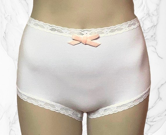 White Cotton High Waist Panties With White Lace Elastic and Pale Peach  Velvet Bow Missy in White 