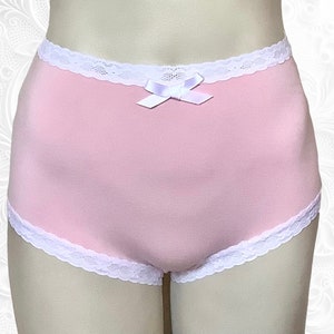 pink high waist bamboo panties with white lace elastic & white satin bow - Drew (high waist) in Petal Pink