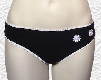 SALE - black bikini panties with white eyelash elastic and daisies - Louise bikini in black